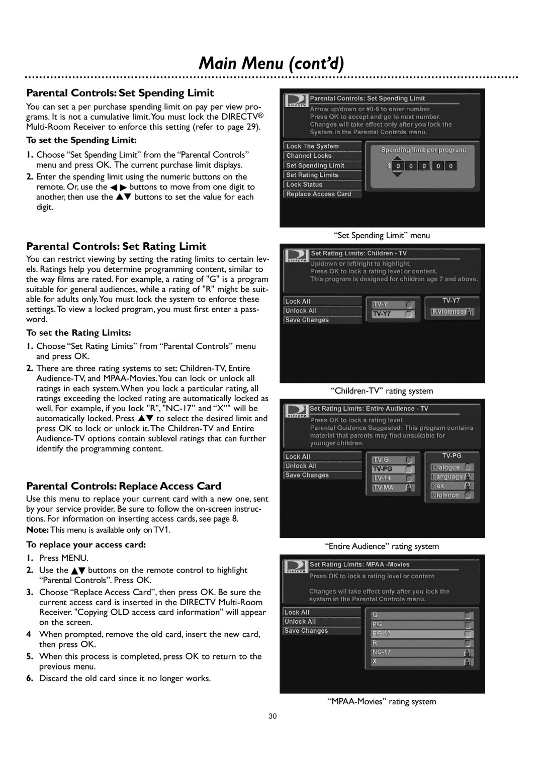 DirecTV DSR 660 manual Parental Controls Set Spending Limit, Parental Controls Set Rating Limit 