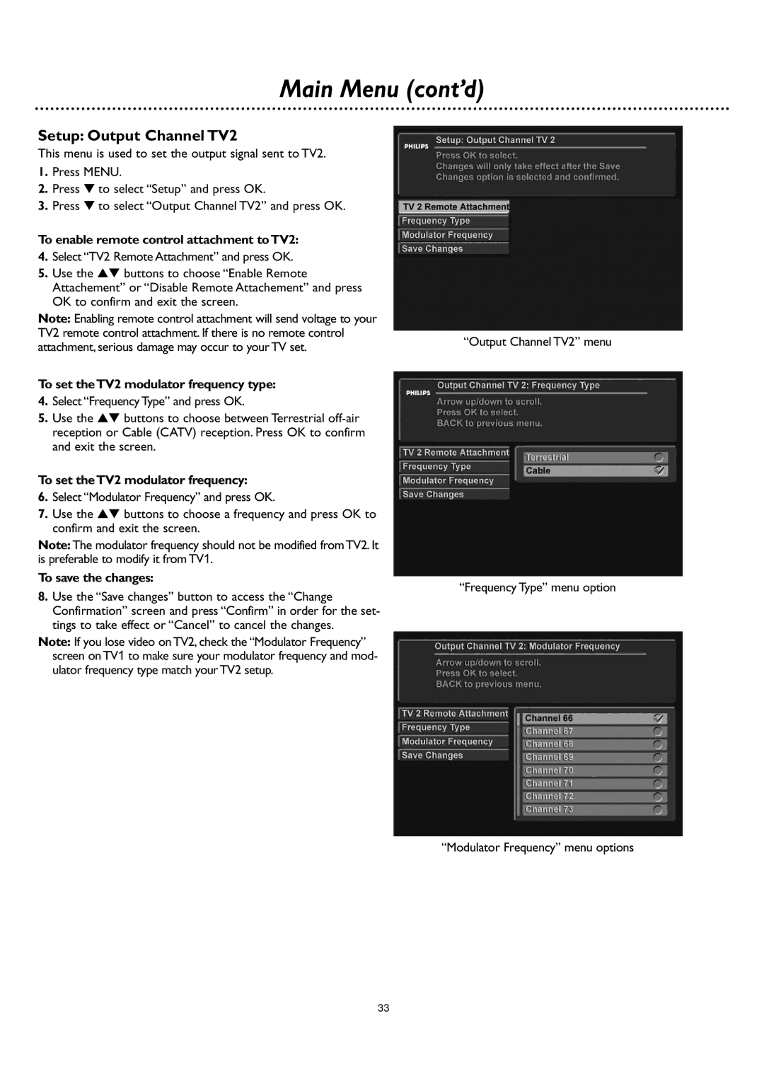 DirecTV DSR 660 Setup Output Channel TV2, To enable remote control attachment toTV2, To set theTV2 modulator frequency 