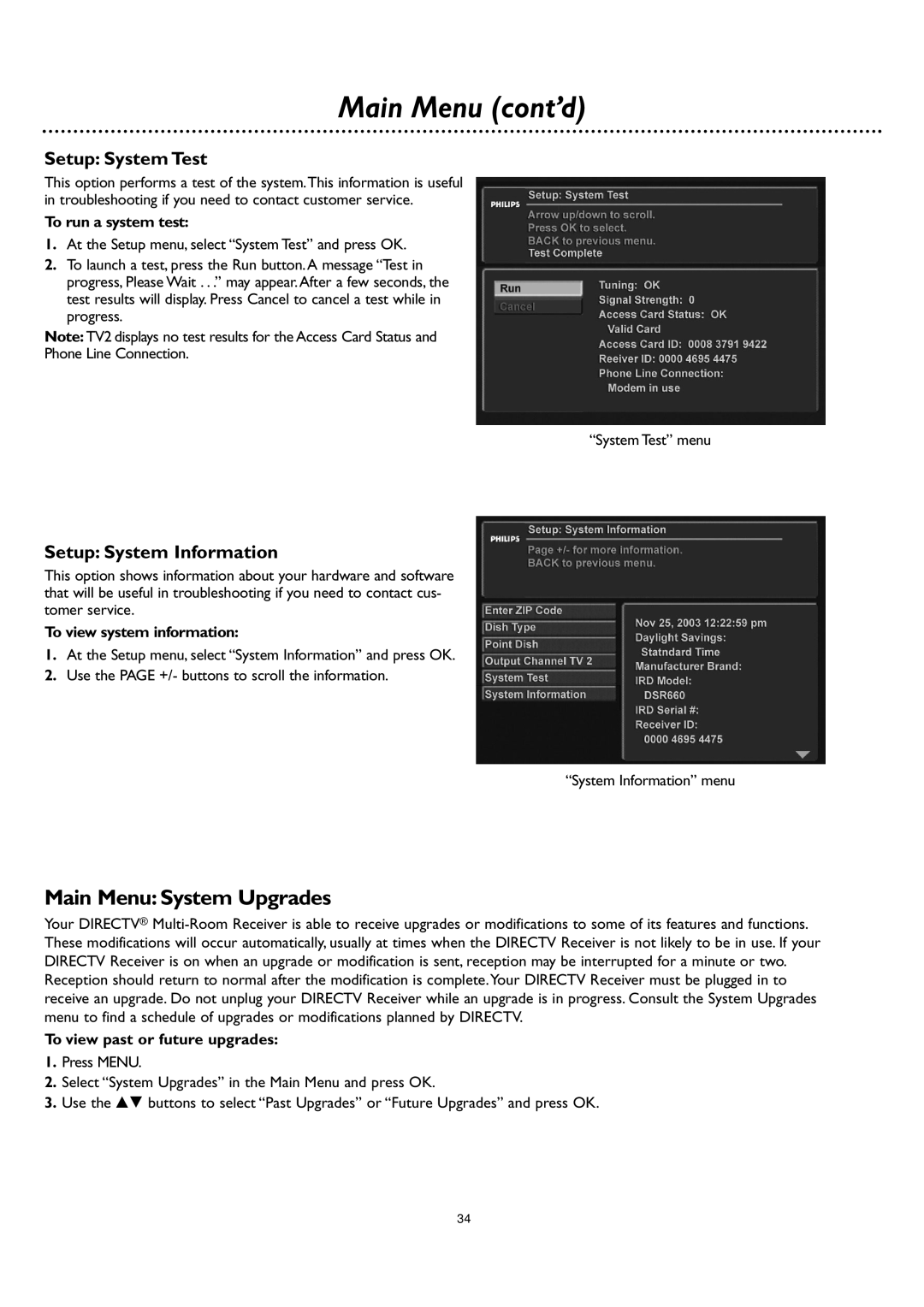 DirecTV DSR 660 manual Main Menu System Upgrades, Setup System Test, Setup System Information 