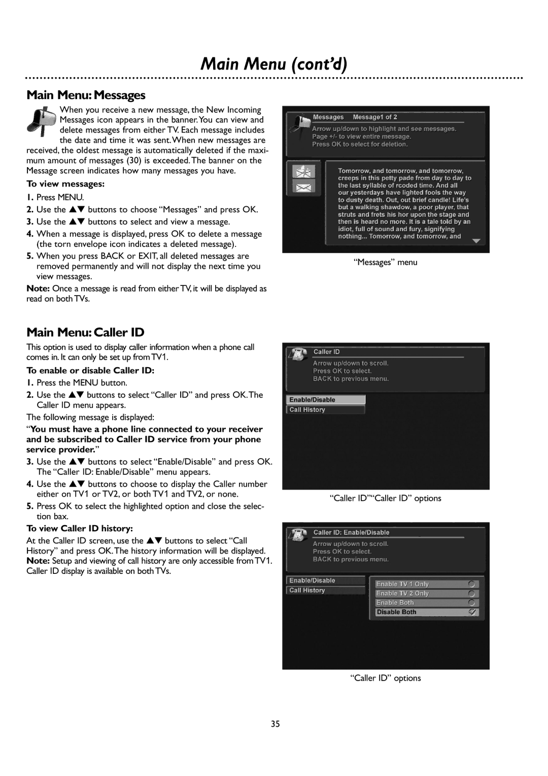 DirecTV DSR 660 manual Main MenuMessages, Main MenuCaller ID, To view messages, To enable or disable Caller ID 