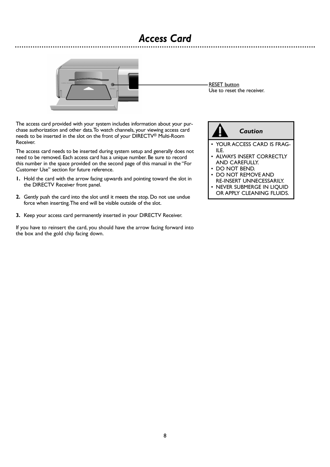 DirecTV DSR 660 manual Access Card, Do not Bend 