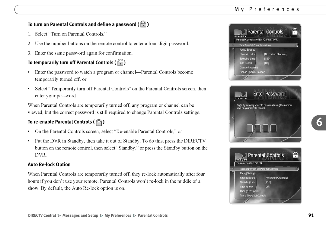 DirecTV DVR120, DVR40 manual To turn on Parental Controls and define a password, To temporarily turn off Parental Controls 