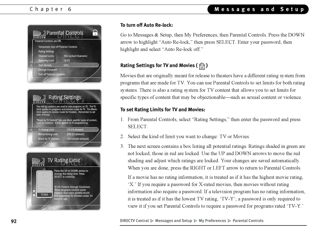 DirecTV DVR40, DVR120 To turn off Auto Re-lock, Rating Settings for TV and Movies, To set Rating Limits for TV and Movies 