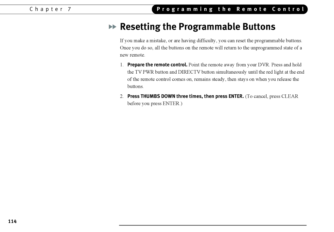 DirecTV DVR40, DVR120 manual Resetting the Programmable Buttons, 114 