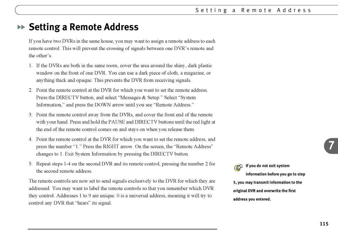 DirecTV DVR120, DVR40 manual Setting a Remote Address, T t i n g a R e m o t e a d d r e s s 