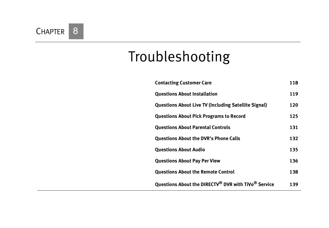 DirecTV DVR120, DVR40 manual Troubleshooting, 139 