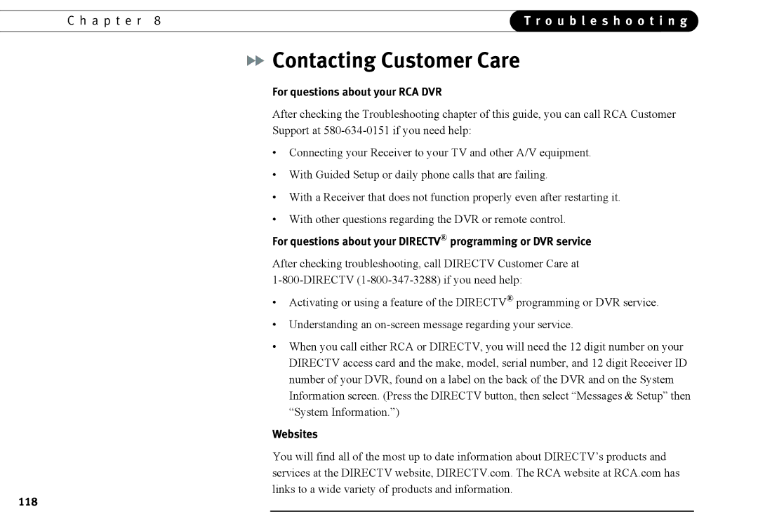 DirecTV DVR40, DVR120 manual Contacting Customer Care, For questions about your RCA DVR, Websites 118 