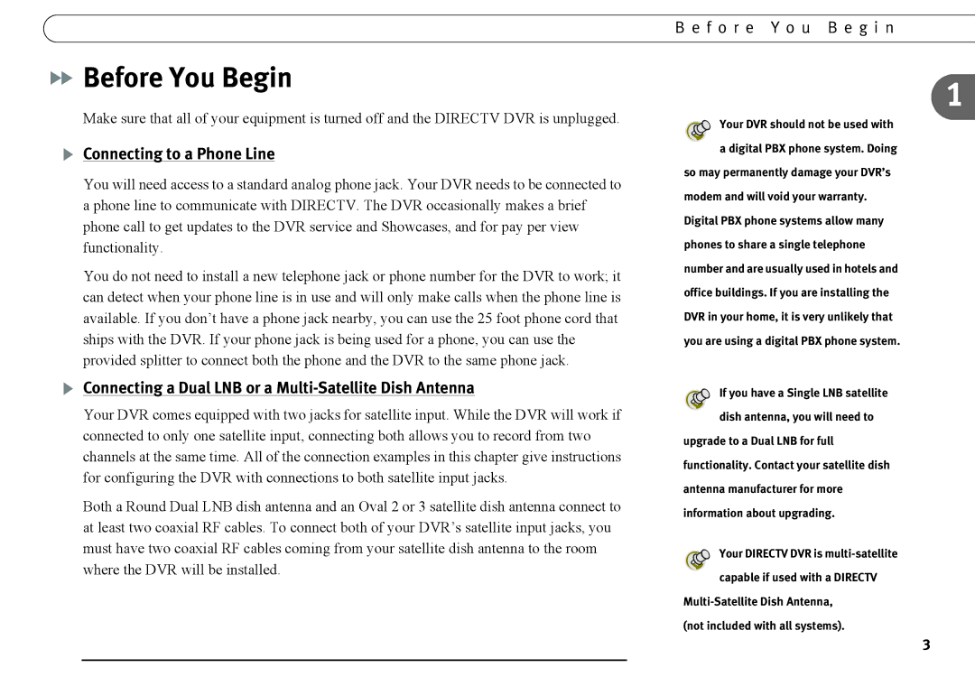 DirecTV DVR120 manual Before You Begin, Connecting to a Phone Line, Connecting a Dual LNB or a Multi-Satellite Dish Antenna 