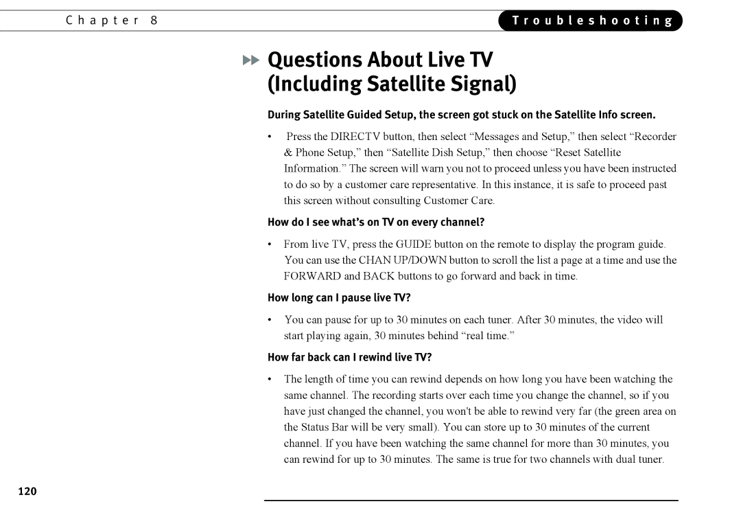 DirecTV DVR40, DVR120 manual Questions About Live TV Including Satellite Signal, How do I see what’s on TV on every channel? 