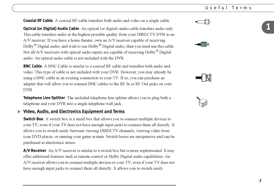 DirecTV DVR120, DVR40 manual Video, Audio, and Electronics Equipment and Terms 