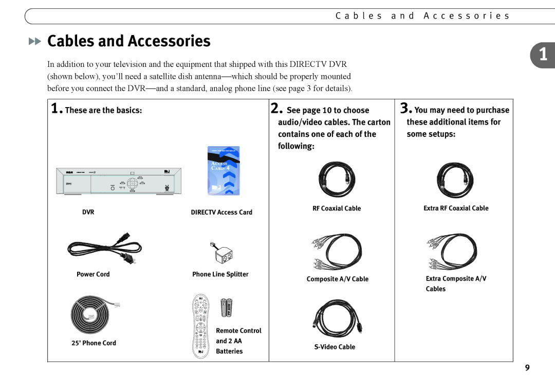 DirecTV DVR120 Cables and Accessories, B l e s a n d a c c e s s o r i e s, These are the basics See page 10 to choose 