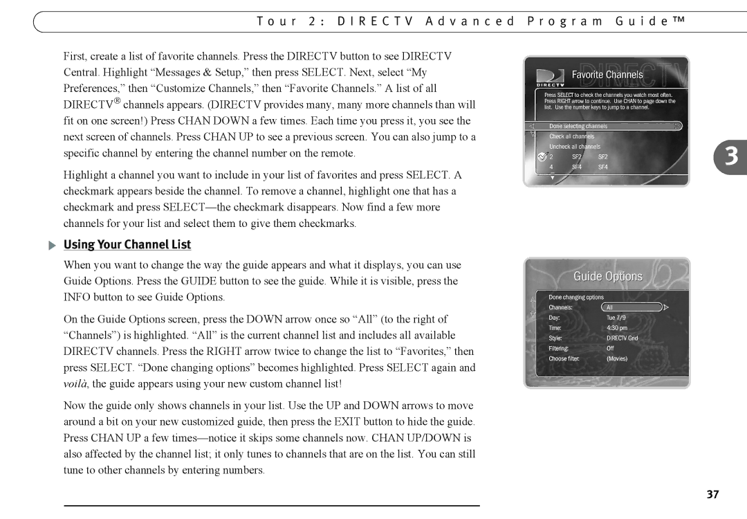 DirecTV DVR120, DVR40 manual U r 2 D I R E C T V a d v a n c e d P r o g r a m G u i d e, Using Your Channel List 