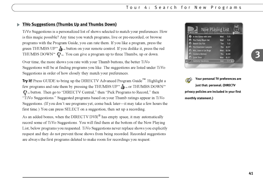 DirecTV DVR120, DVR40 manual U r 4 S e a r c h f o r N e w P r o g r a m s, TiVo Suggestions Thumbs Up and Thumbs Down 