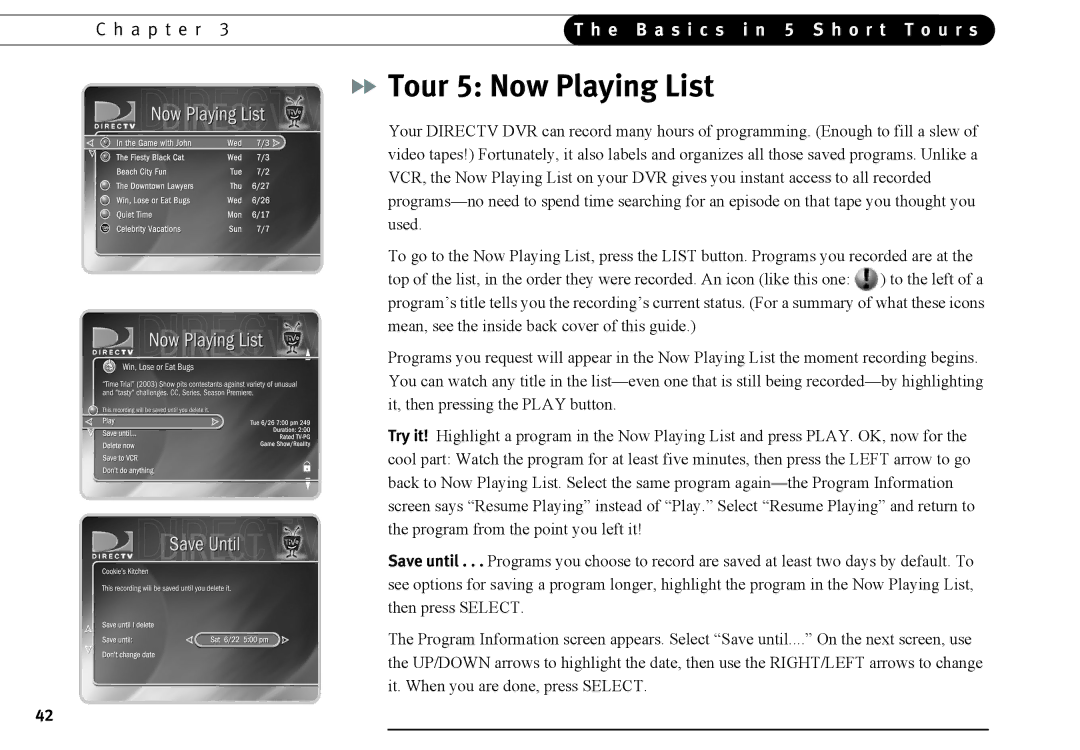 DirecTV DVR40, DVR120 manual Tour 5 Now Playing List 