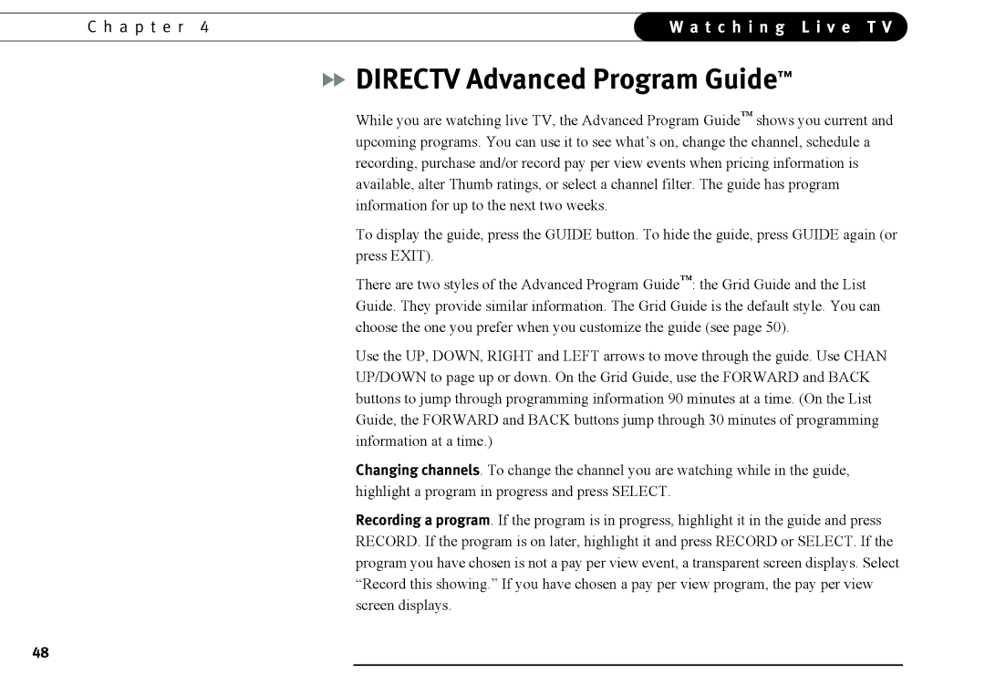 DirecTV DVR40, DVR120 manual Directv Advanced Program Guide 