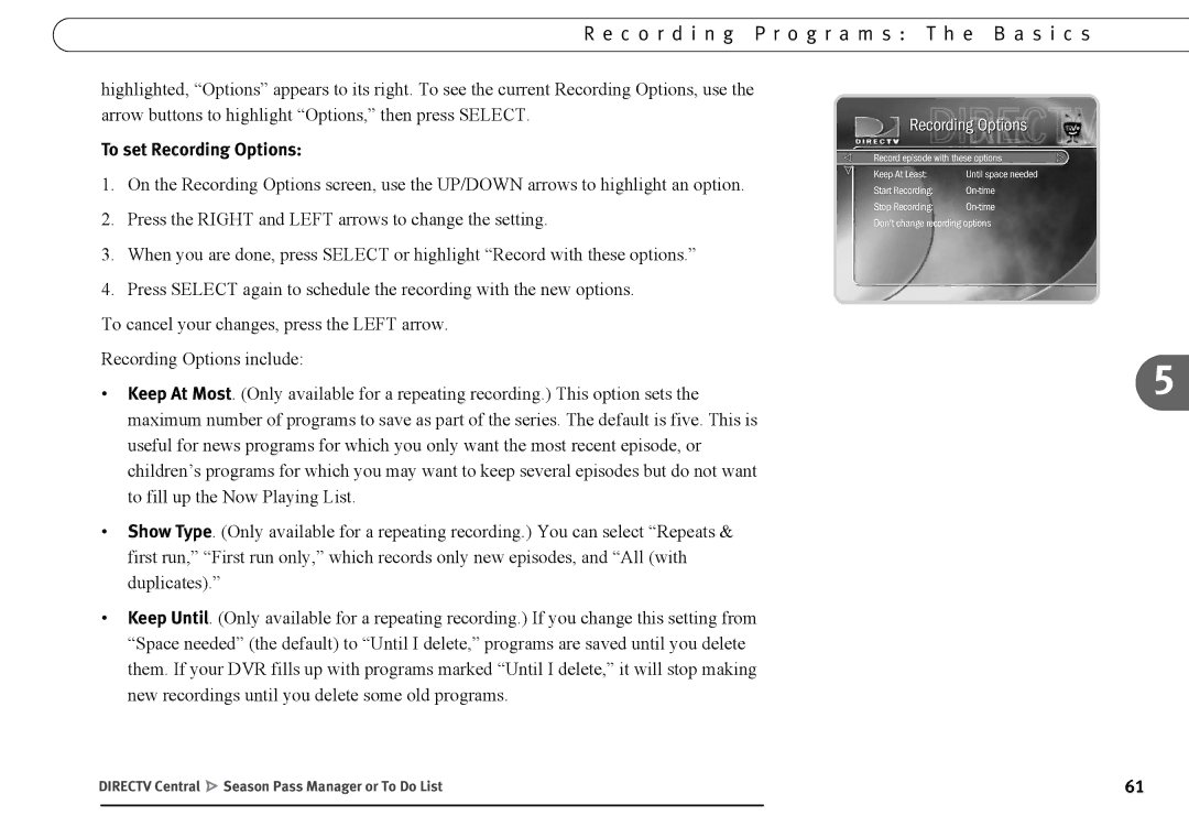 DirecTV DVR120, DVR40 manual To set Recording Options 