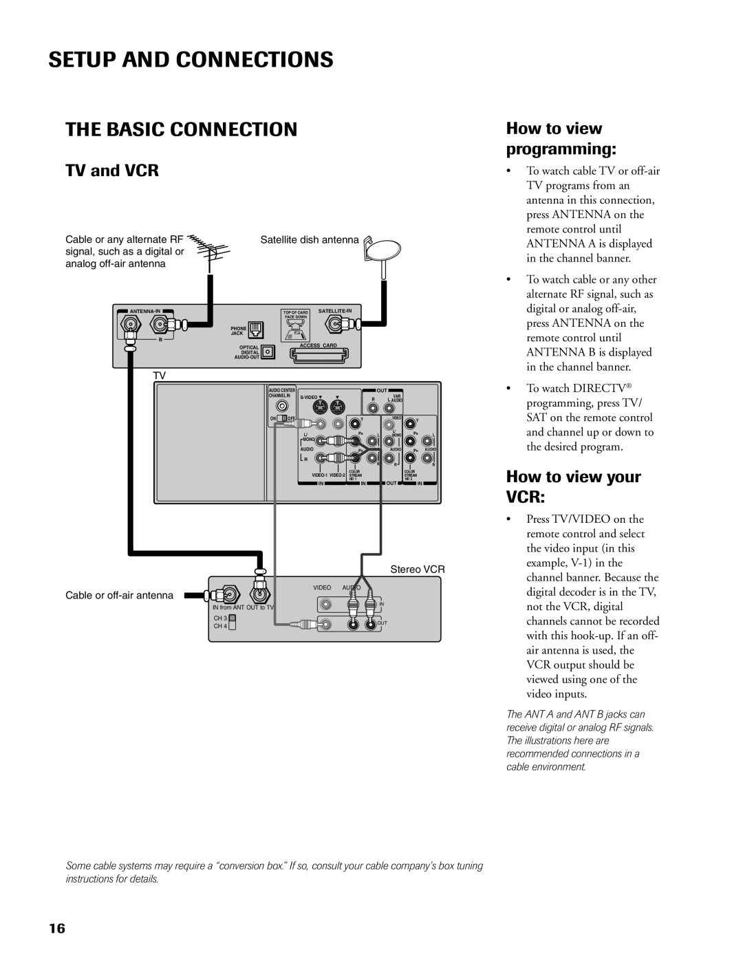 DirecTV DW65X91 owner manual Basic Connection, TV and VCR How to view programming, How to view your VCR 