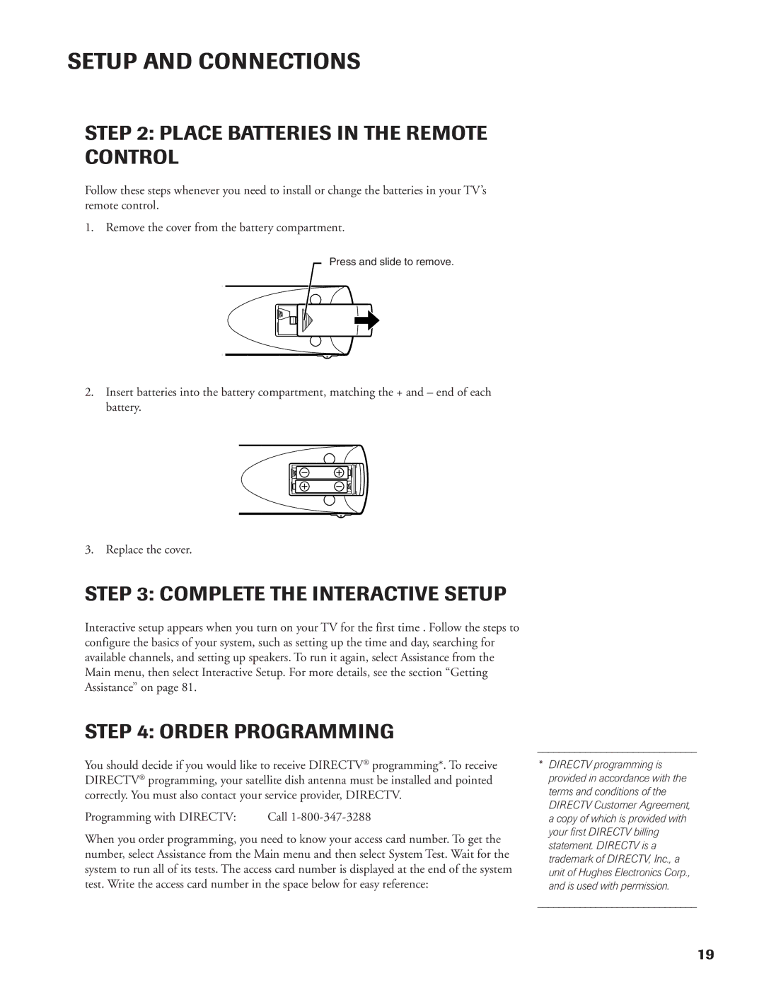 DirecTV DW65X91 owner manual Place Batteries in the Remote Control, Complete the Interactive Setup, Order Programming 