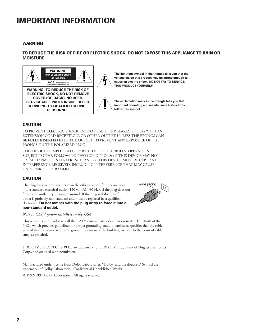 DirecTV DW65X91 owner manual Important Information 