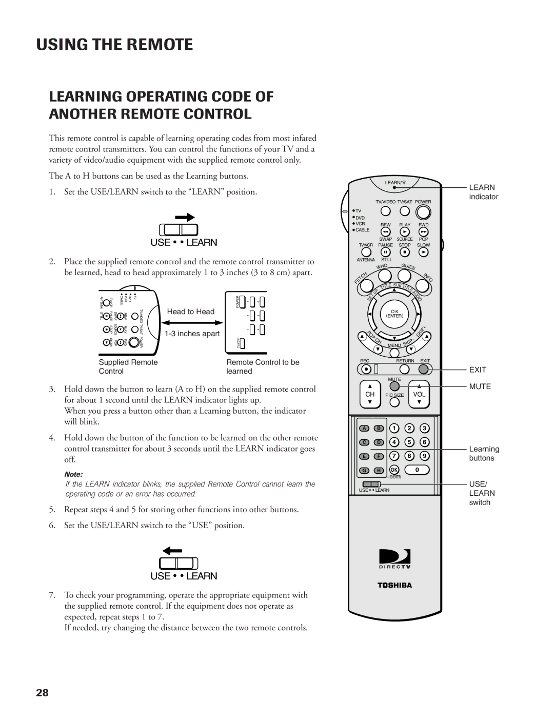 DirecTV DW65X91 owner manual Learning Operating Code of Another Remote Control, USE Learn 