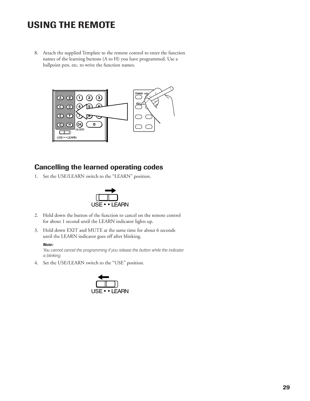 DirecTV DW65X91 owner manual Cancelling the learned operating codes 