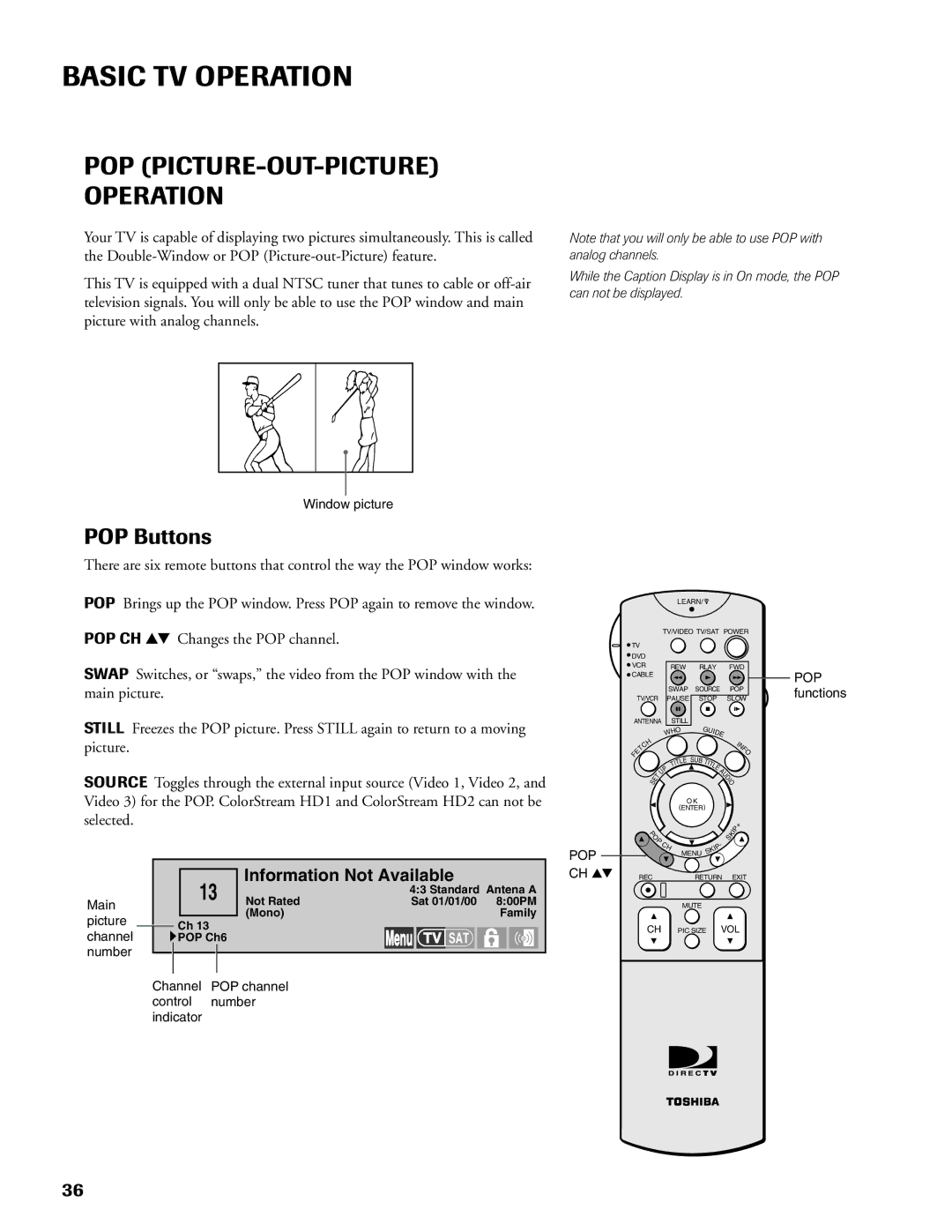 DirecTV DW65X91 owner manual POP PICTURE-OUT-PICTURE Operation, POP Buttons 