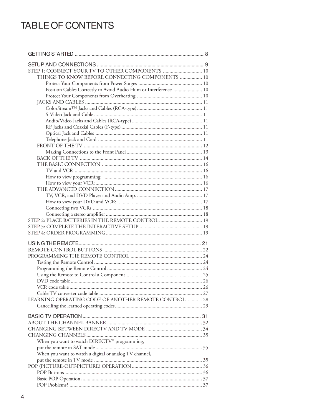 DirecTV DW65X91 owner manual Table of Contents 