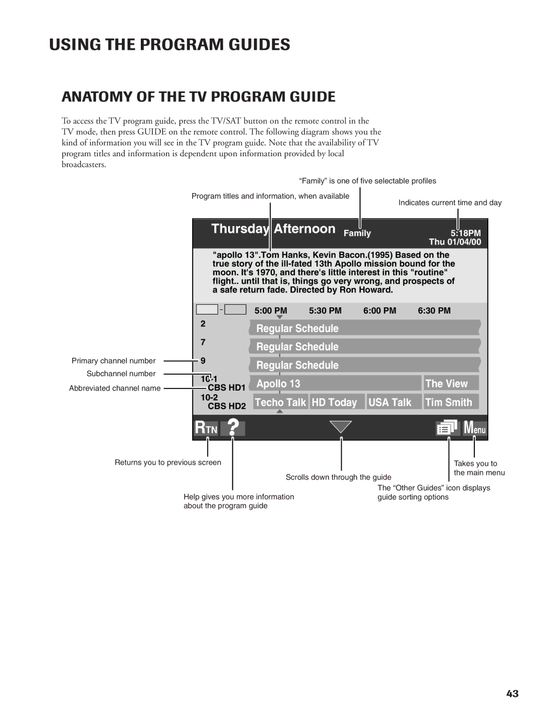 DirecTV DW65X91 owner manual Anatomy of the TV Program Guide, Thursday Afternoon Family 