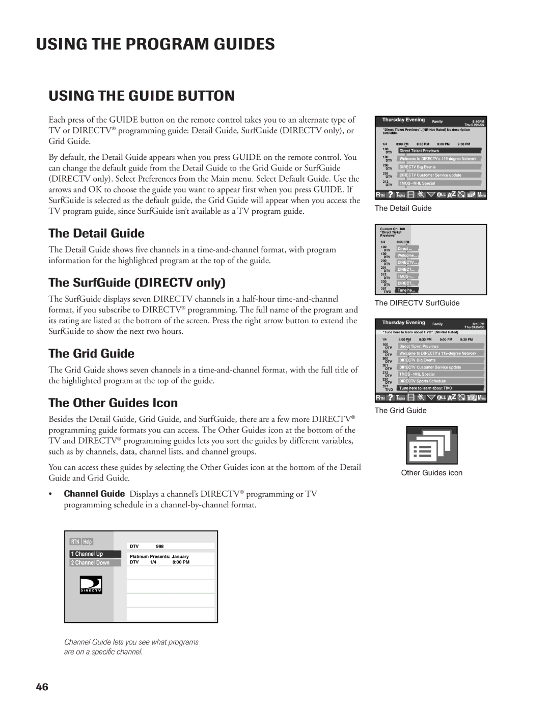 DirecTV DW65X91 owner manual Using the Guide Button, Detail Guide, SurfGuide Directv only, Grid Guide, Other Guides Icon 