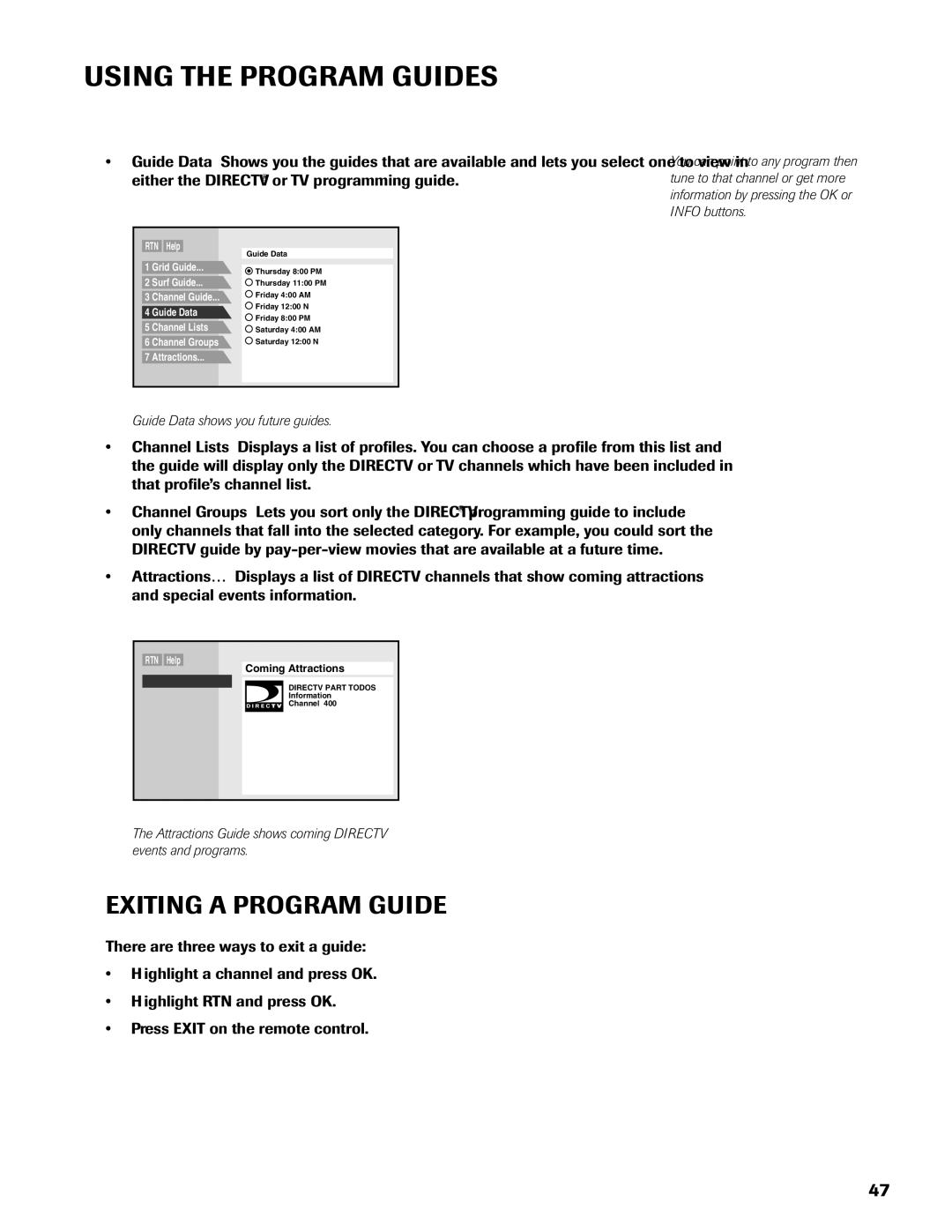 DirecTV DW65X91 owner manual Exiting a Program Guide 