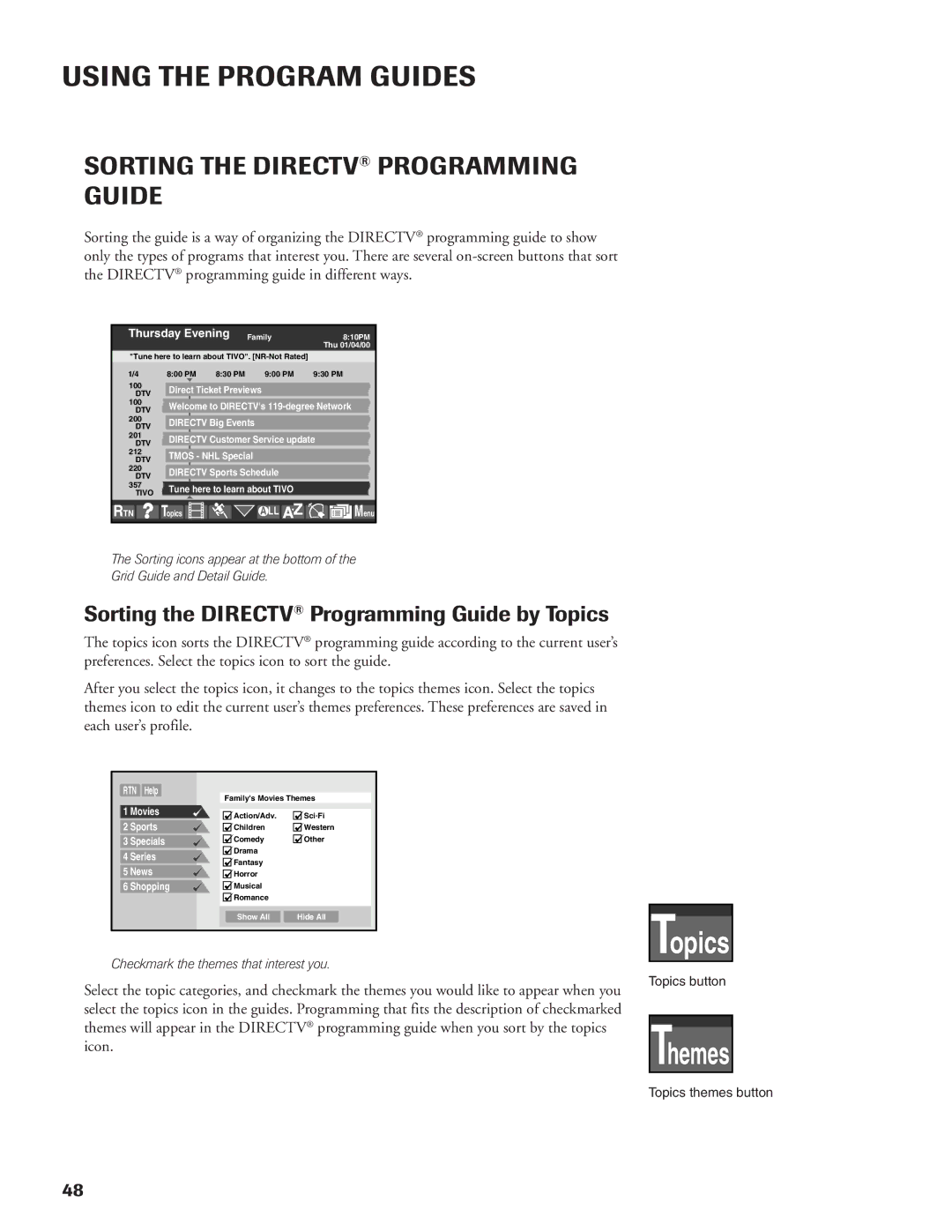 DirecTV DW65X91 owner manual Sorting the Directv Programming Guide by Topics 