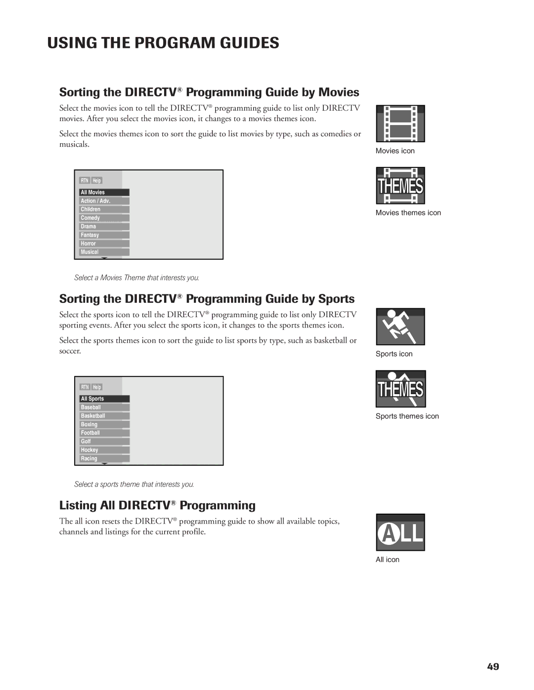 DirecTV DW65X91 Sorting the Directv Programming Guide by Movies, Sorting the Directv Programming Guide by Sports 