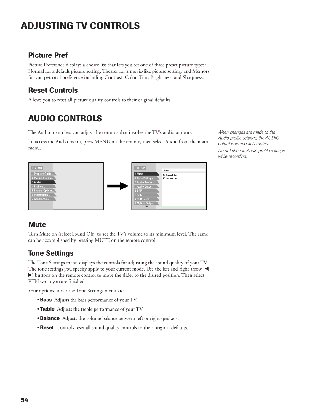 DirecTV DW65X91 owner manual Audio Controls, Picture Pref, Reset Controls, Mute, Tone Settings 