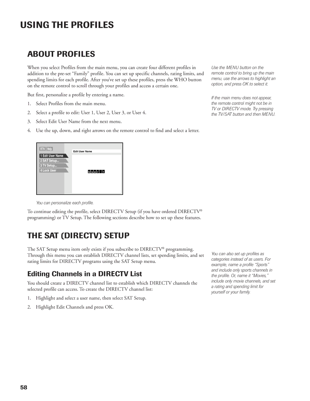 DirecTV DW65X91 owner manual Using the Profiles, About Profiles, SAT Directv Setup, Editing Channels in a Directv List 