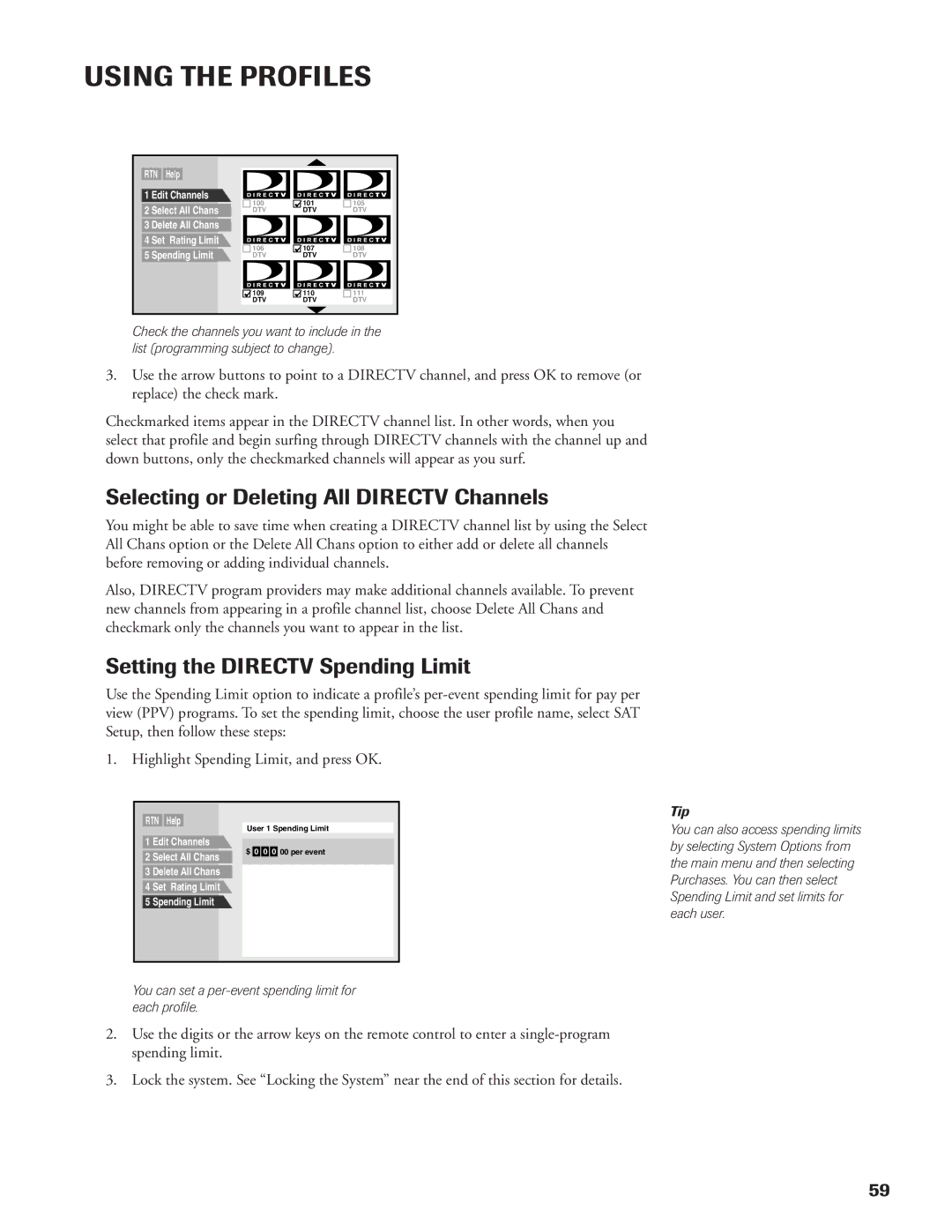 DirecTV DW65X91 owner manual Selecting or Deleting All Directv Channels, Setting the Directv Spending Limit 