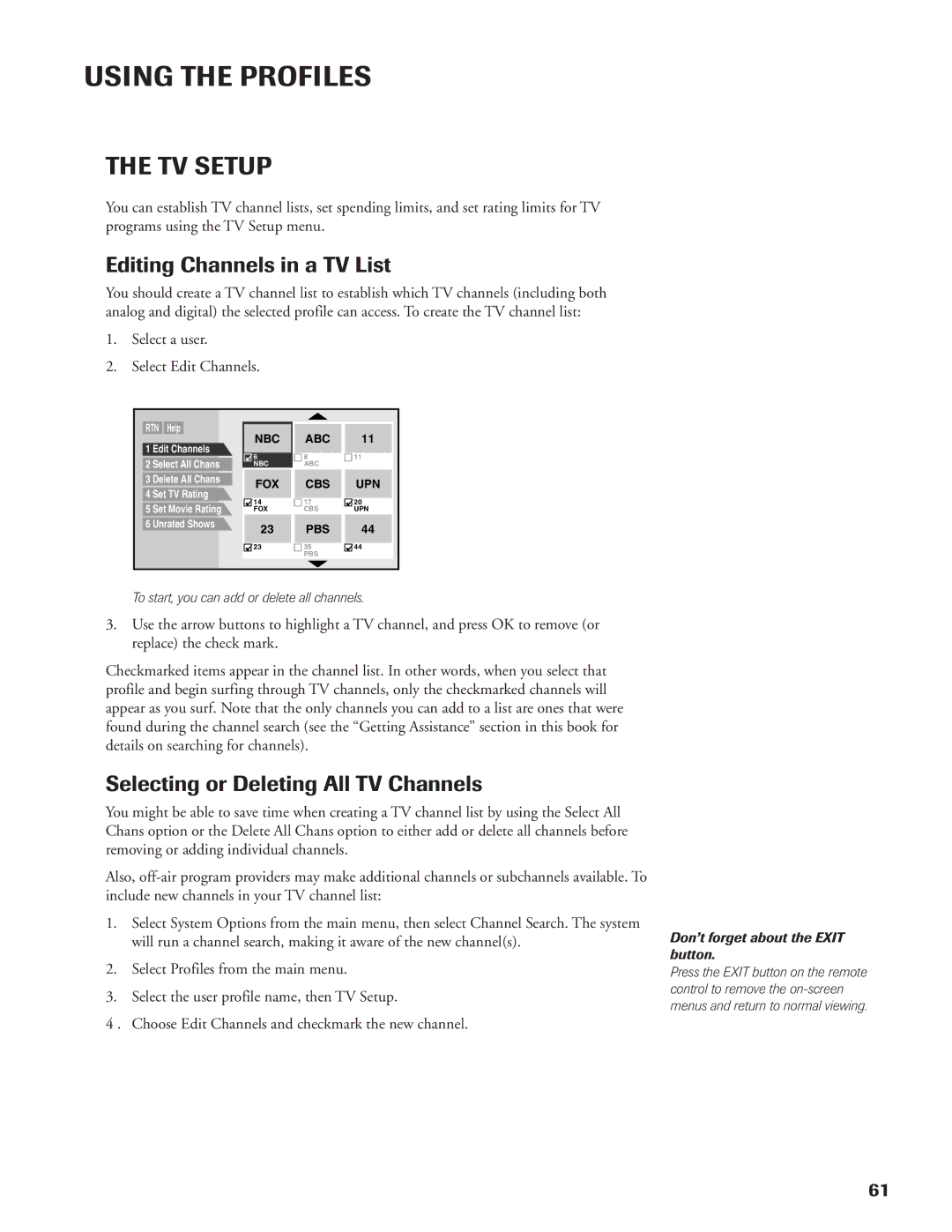 DirecTV DW65X91 owner manual TV Setup, Editing Channels in a TV List, Selecting or Deleting All TV Channels 