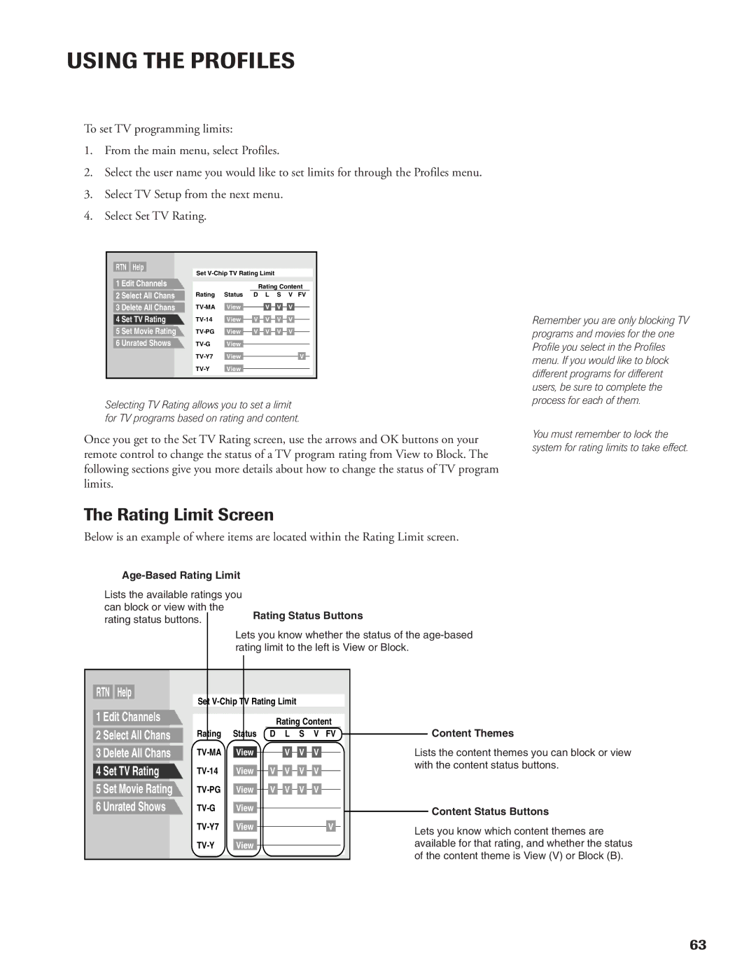 DirecTV DW65X91 owner manual Rating Limit Screen, Rating Status Buttons 