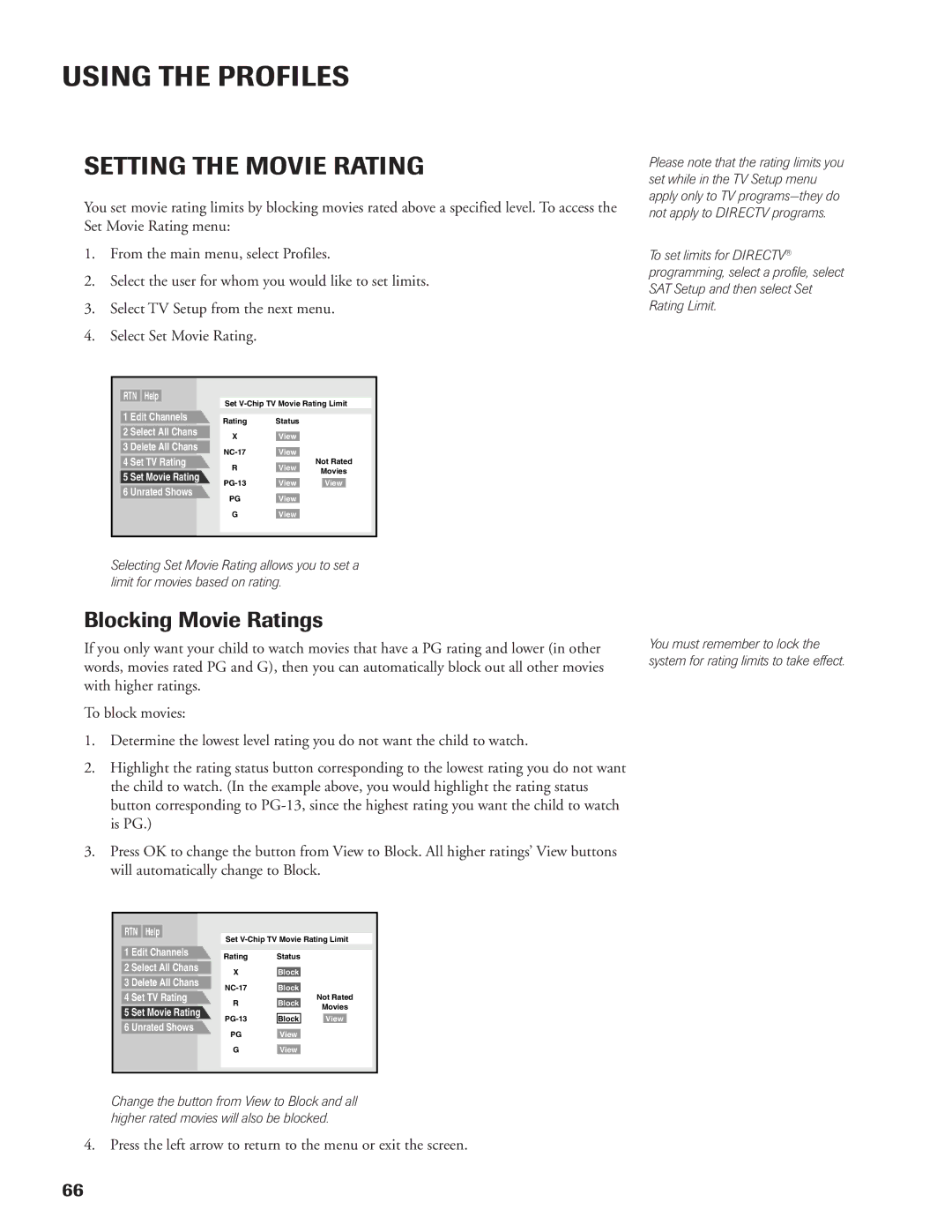 DirecTV DW65X91 owner manual Setting the Movie Rating, Blocking Movie Ratings 