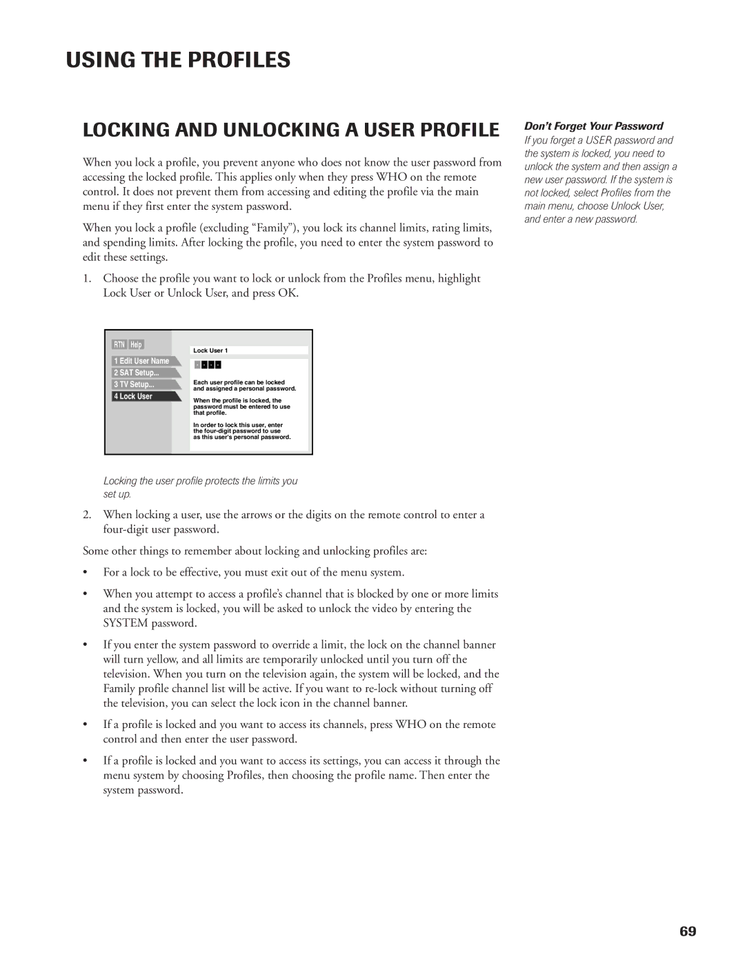 DirecTV DW65X91 owner manual Locking and Unlocking a User Profile, RTN Help Edit User Name SAT Setup TV Setup Lock User 