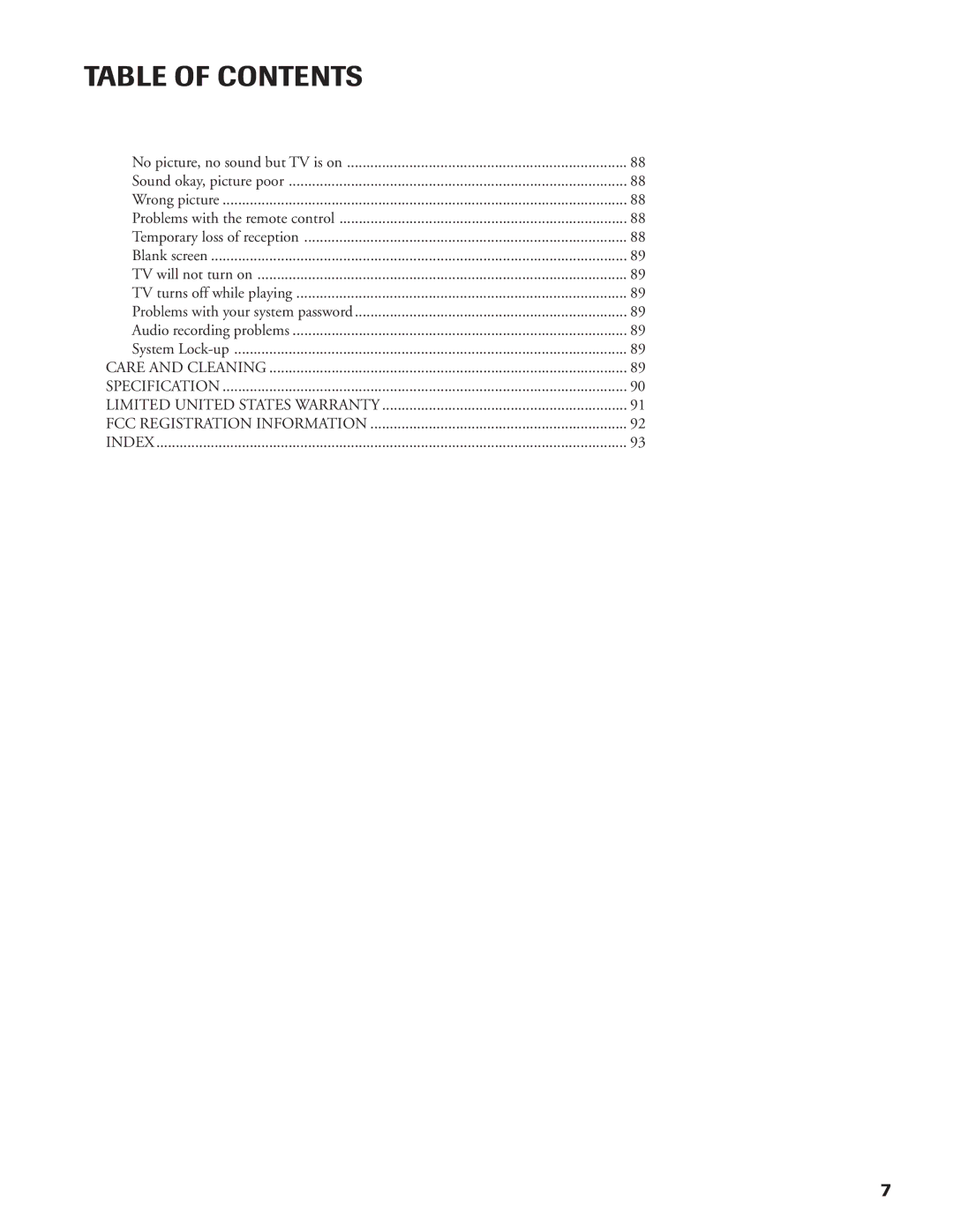 DirecTV DW65X91 owner manual Table of Contents 