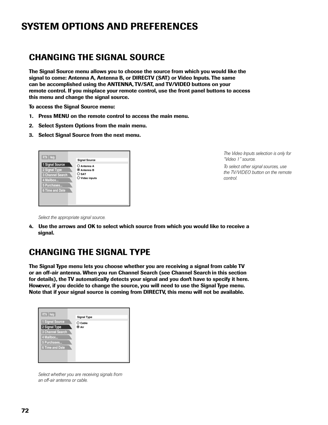 DirecTV DW65X91 owner manual System Options and Preferences, Changing the Signal Source, Changing the Signal Type 