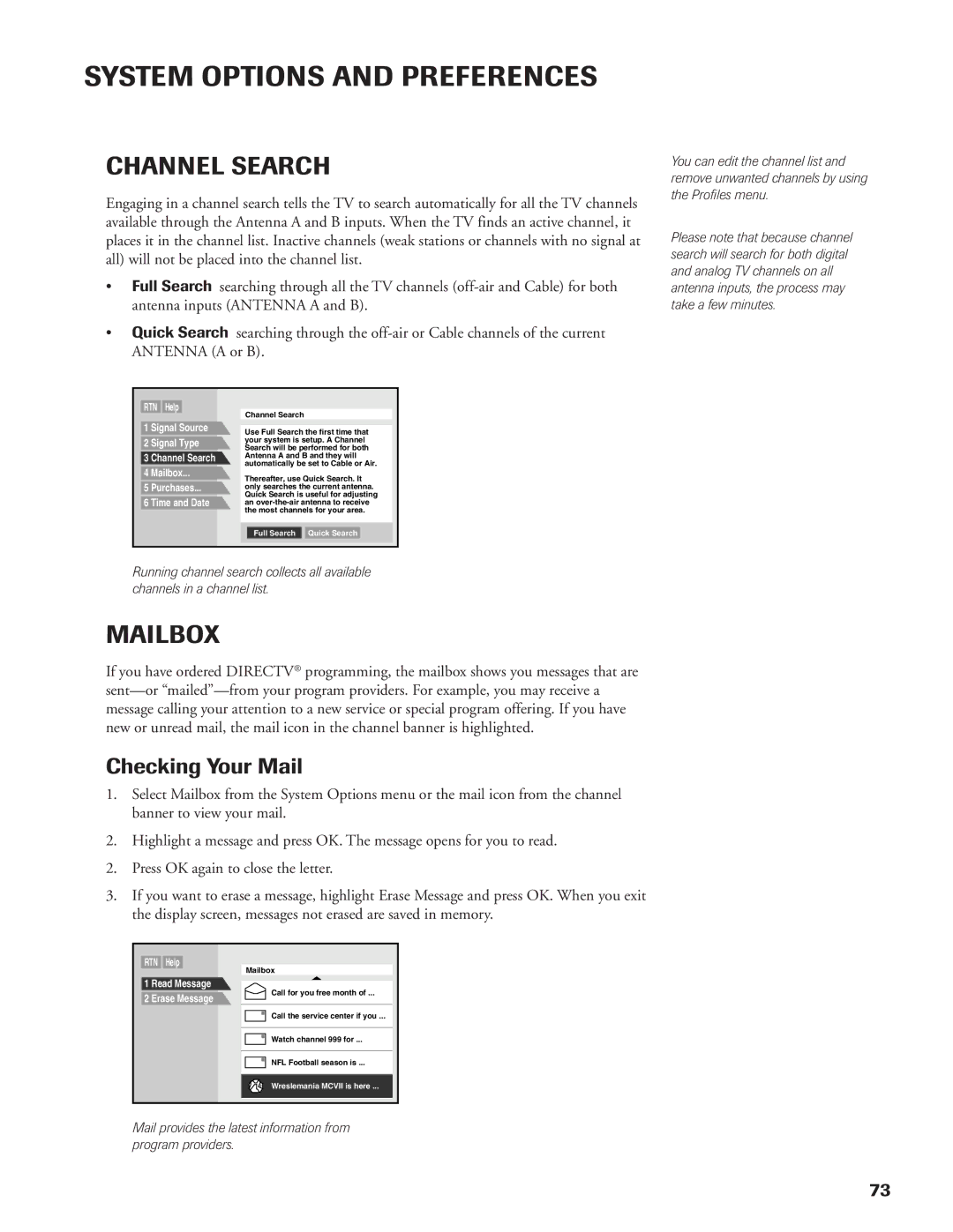 DirecTV DW65X91 owner manual Channel Search, Mailbox, Checking Your Mail 