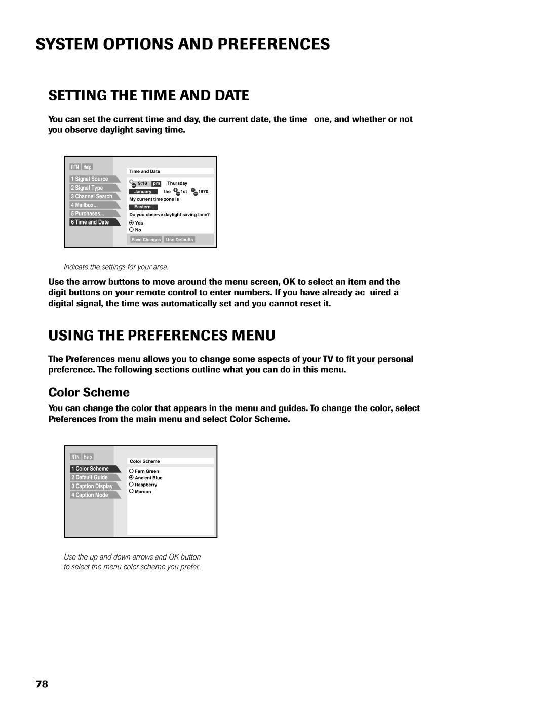 DirecTV DW65X91 owner manual Setting the Time and Date, Using the Preferences Menu, Color Scheme 