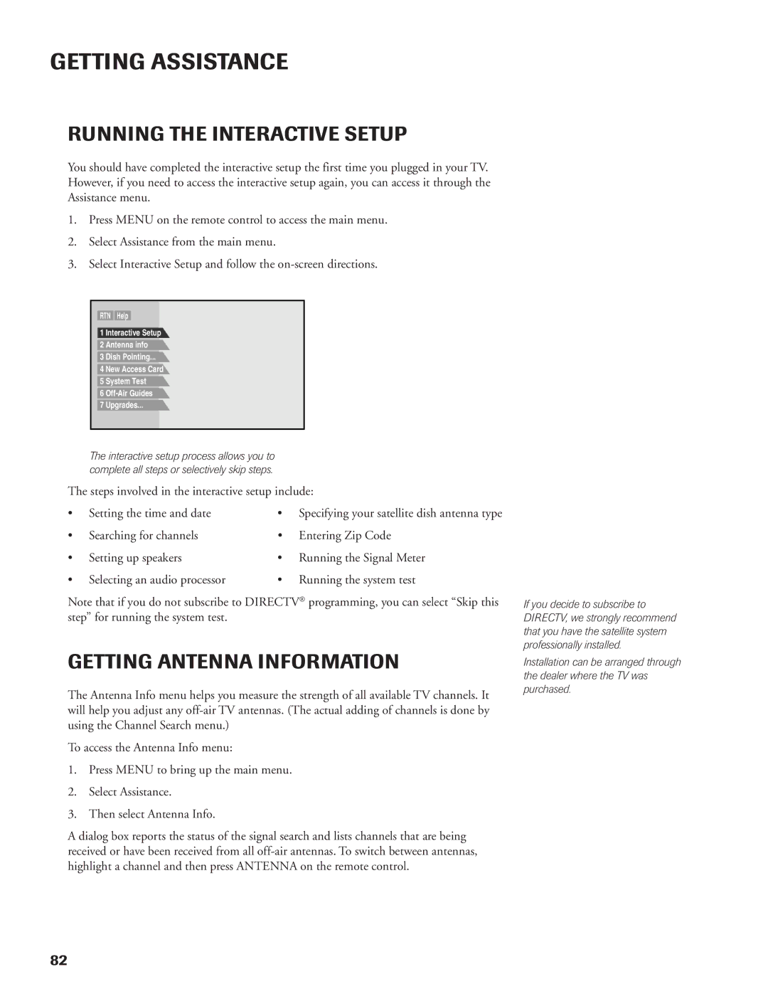 DirecTV DW65X91 owner manual Getting Assistance, Running the Interactive Setup, Getting Antenna Information 