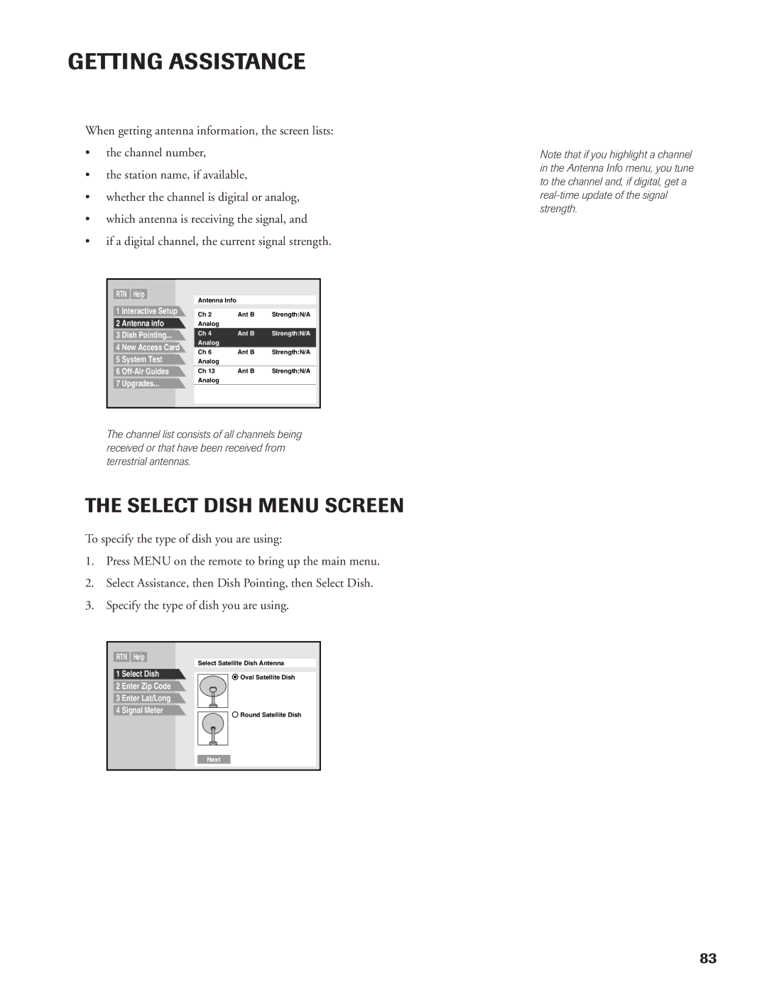 DirecTV DW65X91 owner manual Select Dish Menu Screen 