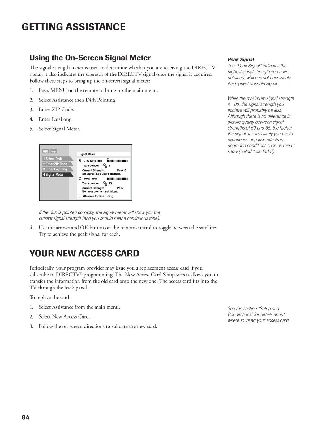 DirecTV DW65X91 owner manual Your NEW Access Card, Using the On-Screen Signal Meter 