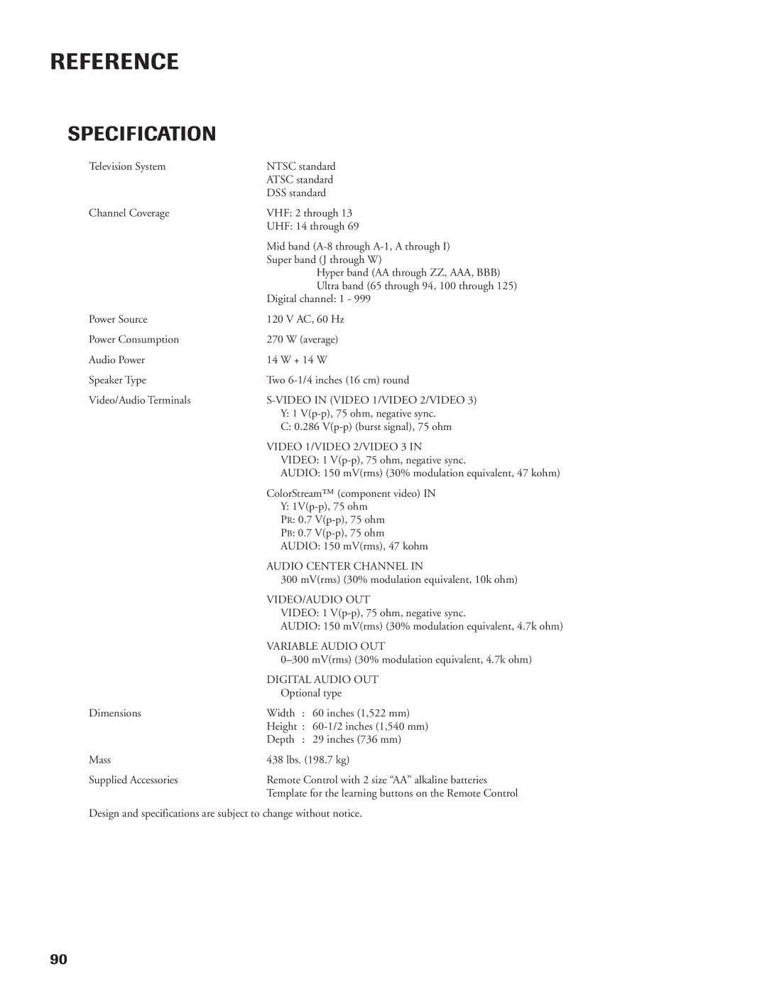 DirecTV DW65X91 owner manual Specification, Video 1/VIDEO 2/VIDEO 3 