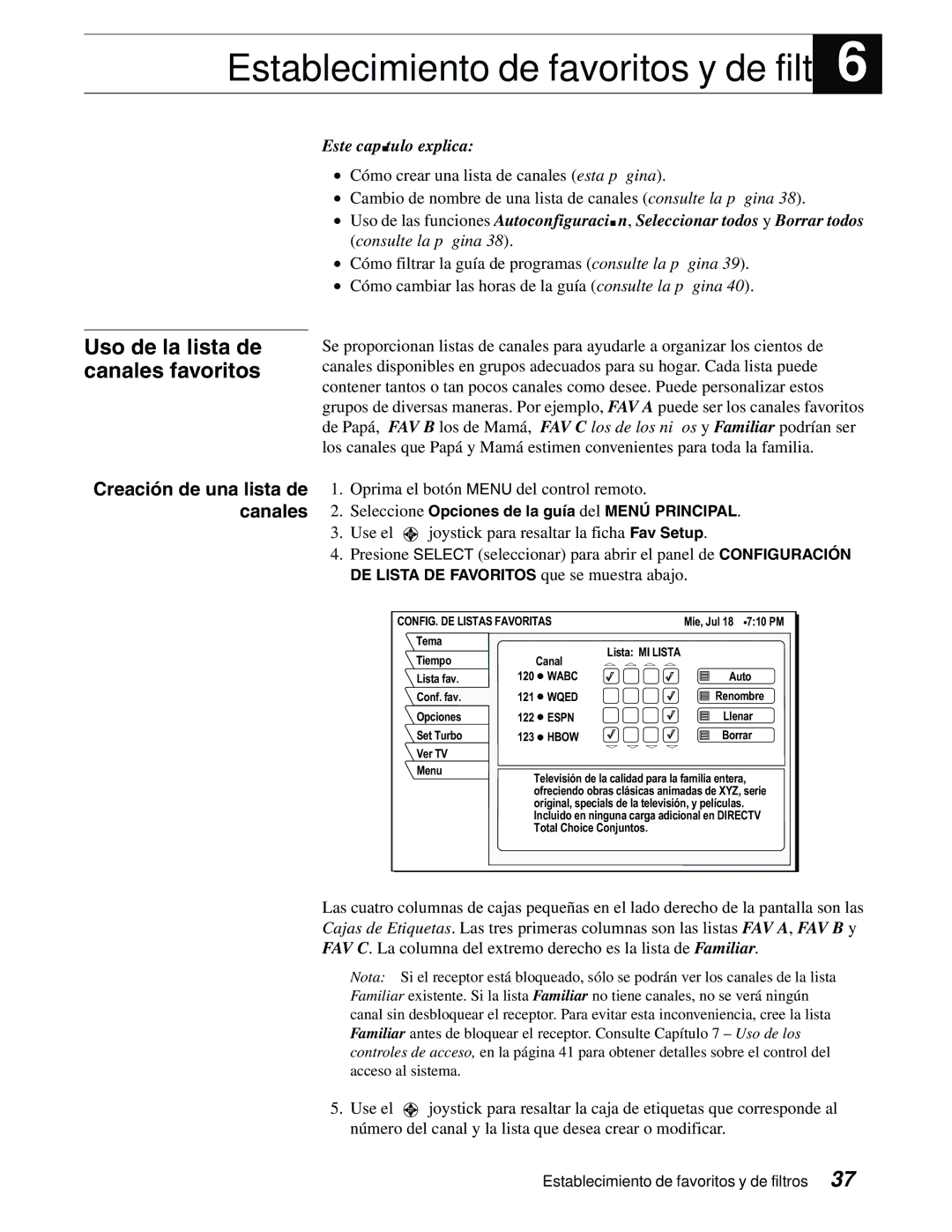 DirecTV GAEB0, GCEB0 manual Establecimiento de favoritos y de filtros, CONFIG. DE Listas Favoritas 