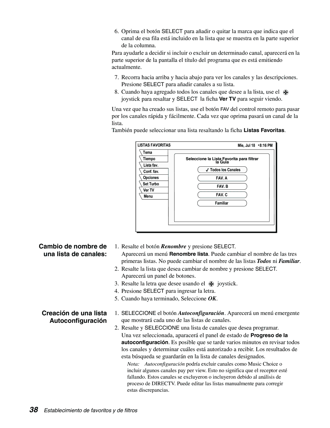 DirecTV GCEB0, GAEB0 manual Creación de una lista Autoconfiguración, Listas Favoritas 