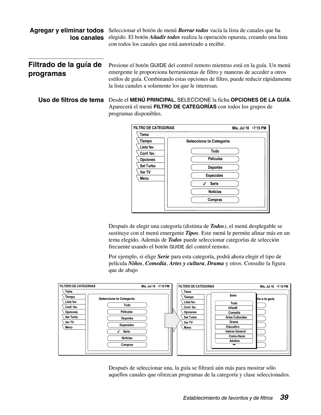 DirecTV GAEB0, GCEB0 manual Filtrado de la guía de programas, Agregar y eliminar todos los canales, Filtro DE Categorias 